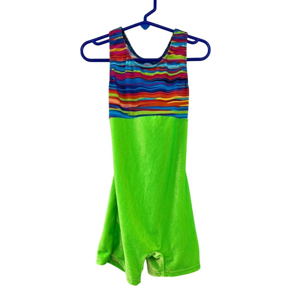 Motionwear Gymnastics Shortall Leotard Girls 8-10 Green Velvet Rainbow Stripe